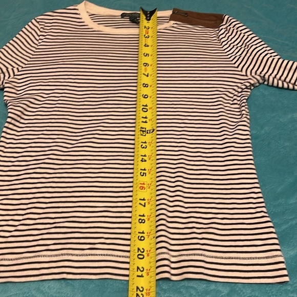 Vintage RALPH LAUREN women’s Sz L shirt striped white w/suede LEATHER patch - Picture 13 of 15